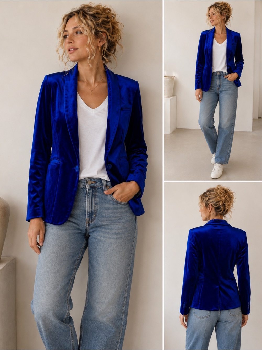 NWT Allegra K Women's Cobalt Blue Velvety Single-Button Blazer Size L